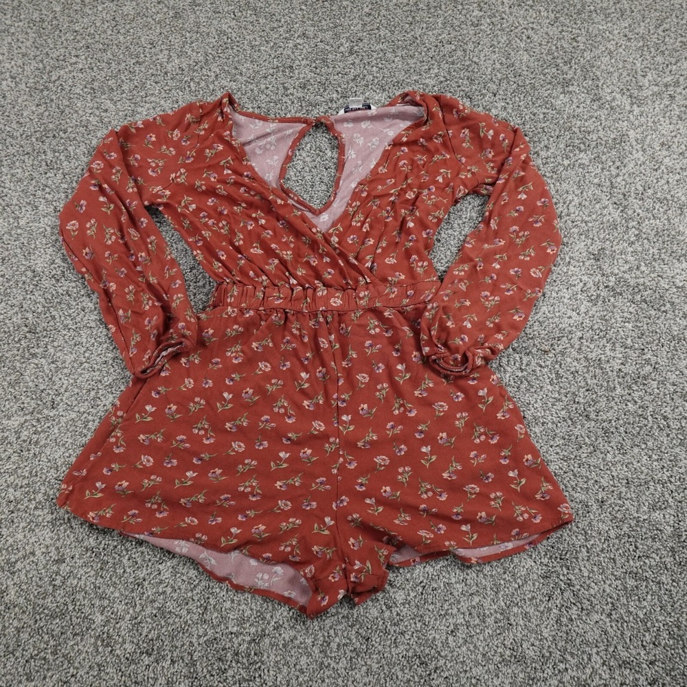 American Eagle Romper Womens Extra Small Red Floral Long Sleeve Shirt Shorties‎
